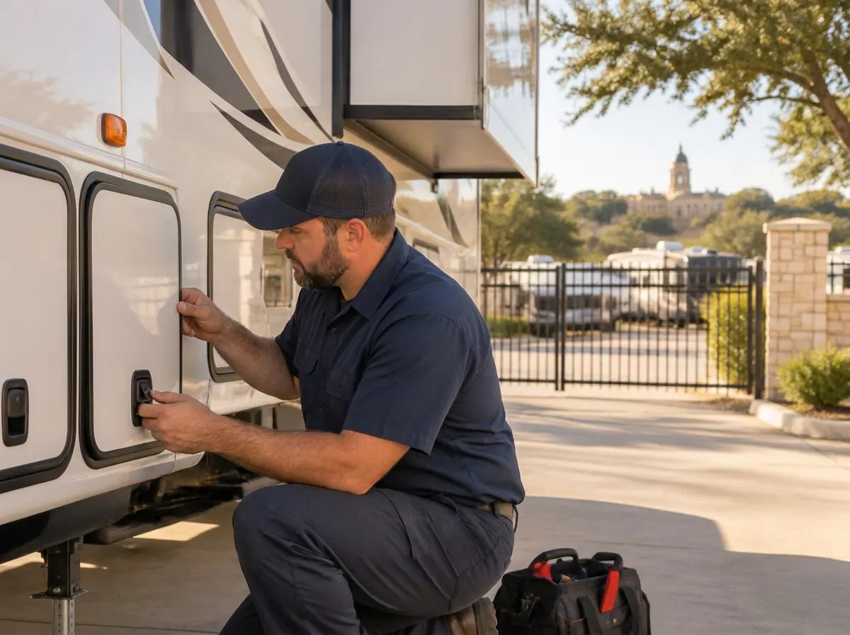 Georgetown Mobile RV Repair Technician On Site Mobile RV repair technician beside a fifth wheel at a storage lot in Georgetown TX