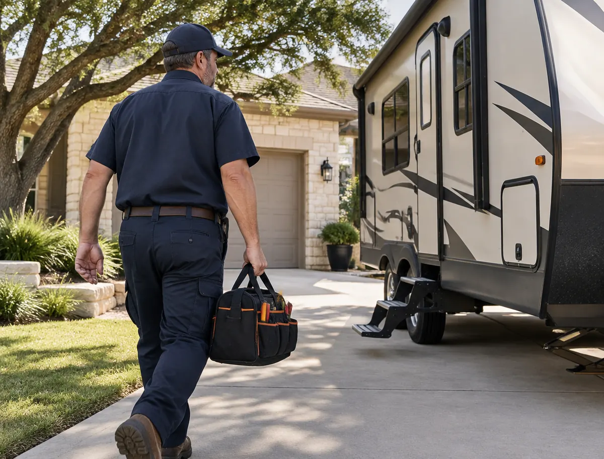 On-Site RV Repair Service Georgetown Texas On-site RV mechanic walking up a Georgetown TX driveway toward a parked travel trailer